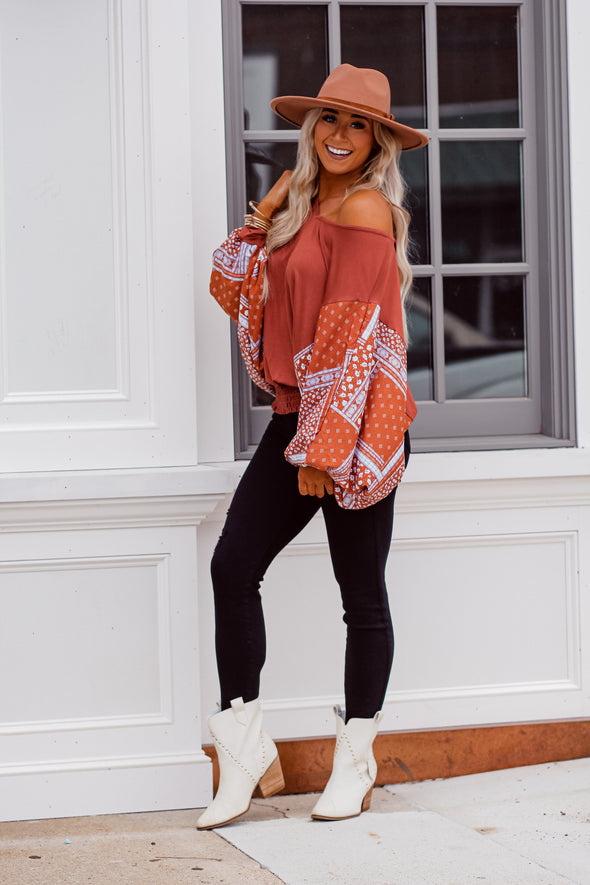 Rust Batwing Paisley Sleeve Tie Back Top