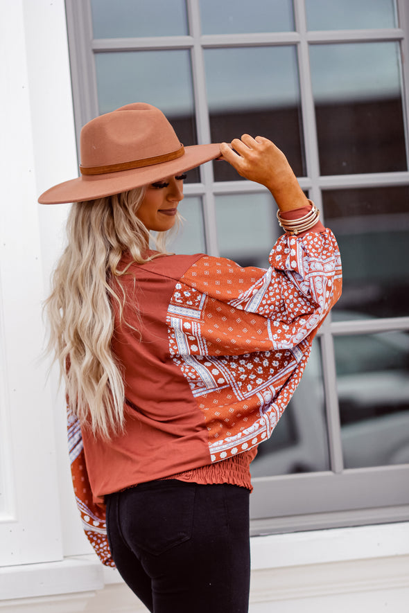 Rust Batwing Paisley Sleeve Tie Back Top