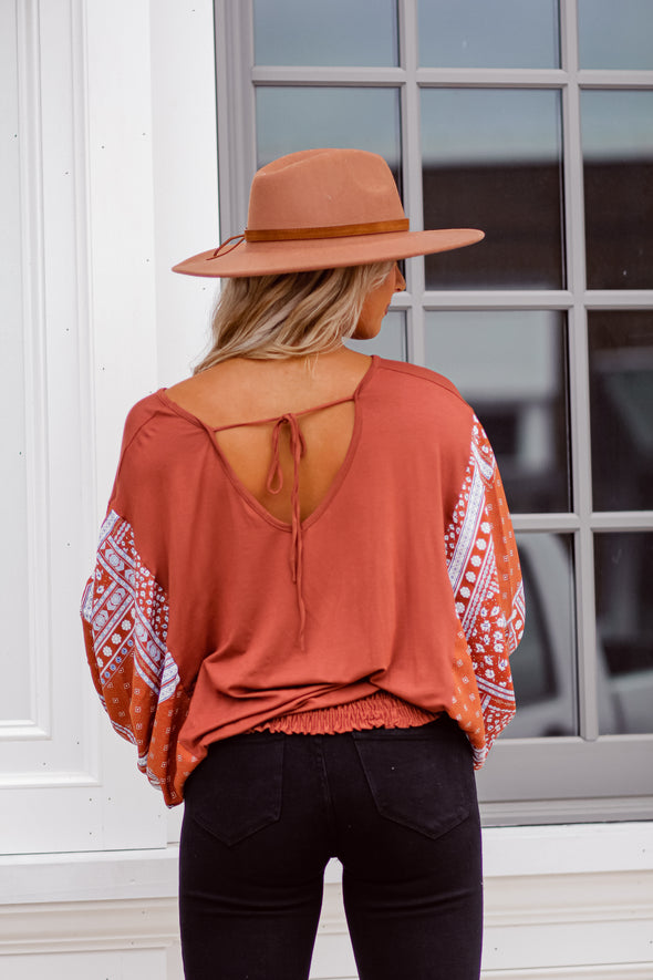 Rust Batwing Paisley Sleeve Tie Back Top