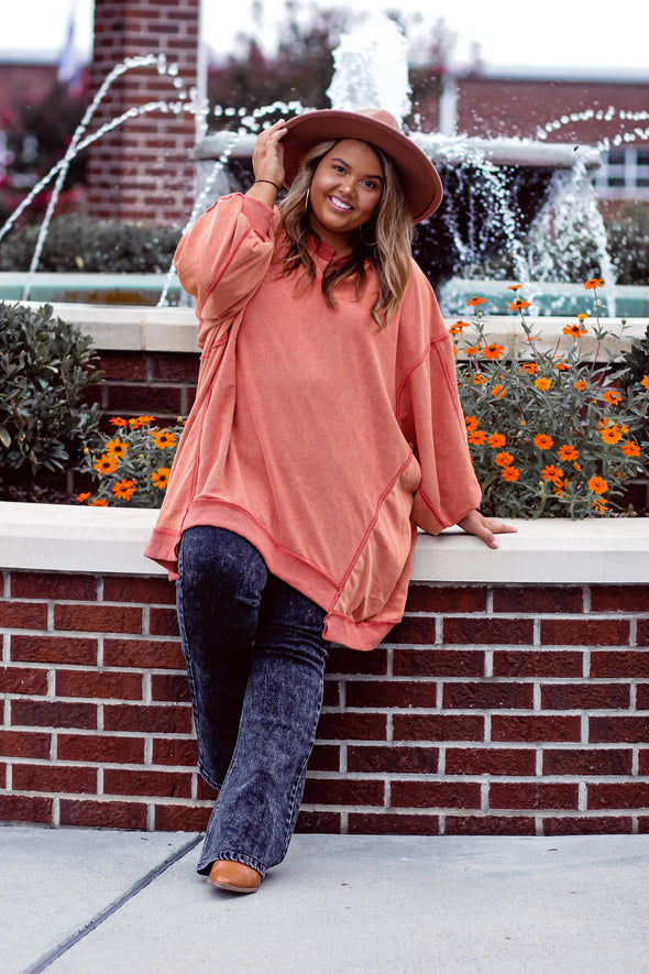 Rust Mineral Washed Oversized Long Sleeve Tunic