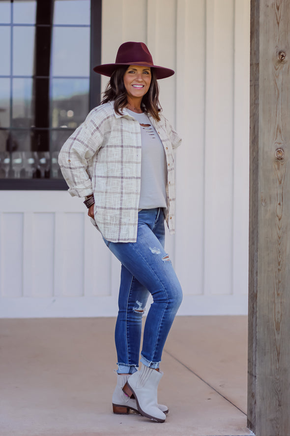 Cream & Mocha Plaid Button Down Top