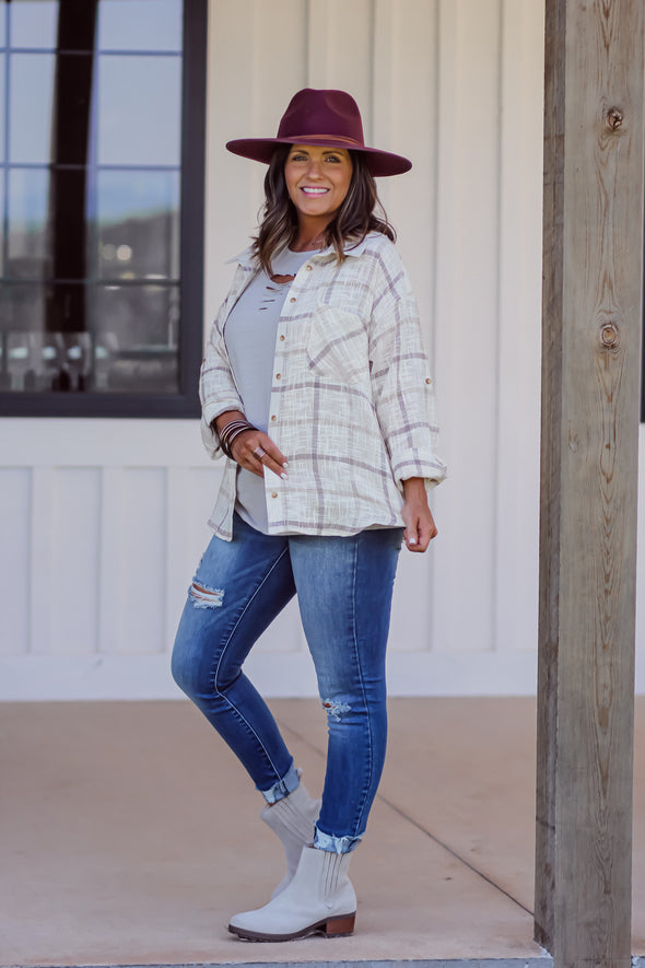 Cream & Mocha Plaid Button Down Top