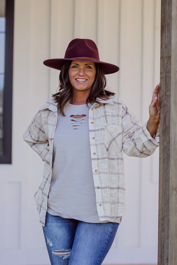 Cream & Mocha Plaid Button Down Top