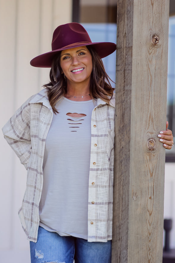 Cream & Mocha Plaid Button Down Top