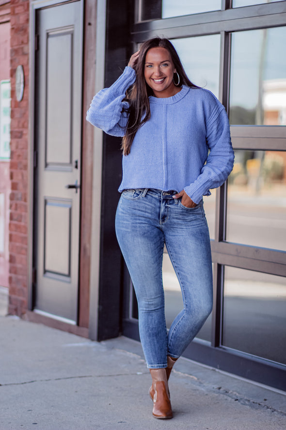 Periwinkle Chenille Ribbed Sleeve Sweater