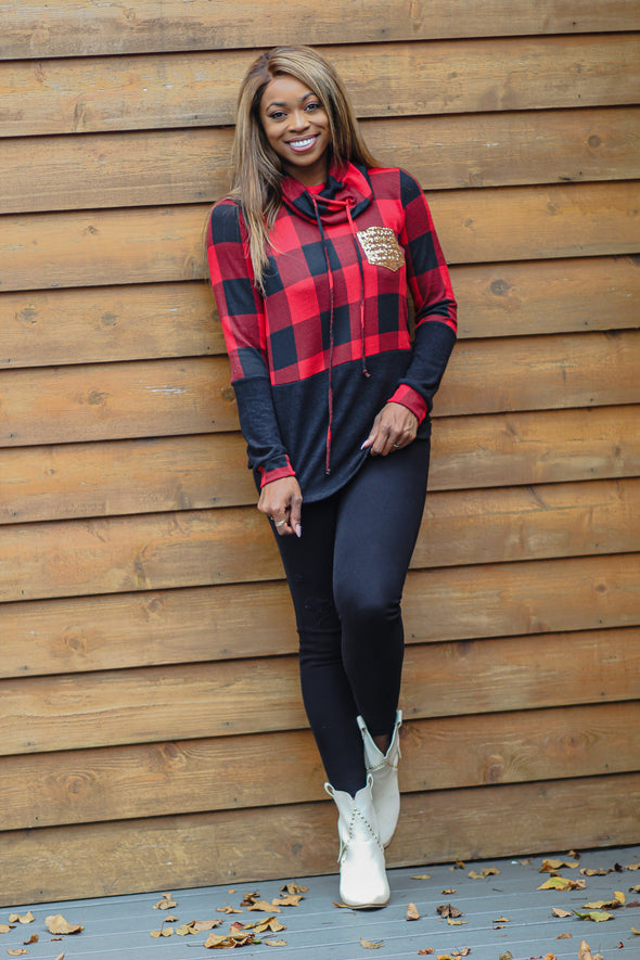 Red Buffalo Plaid Sequin Pocket Top