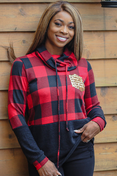 Red Buffalo Plaid Sequin Pocket Top