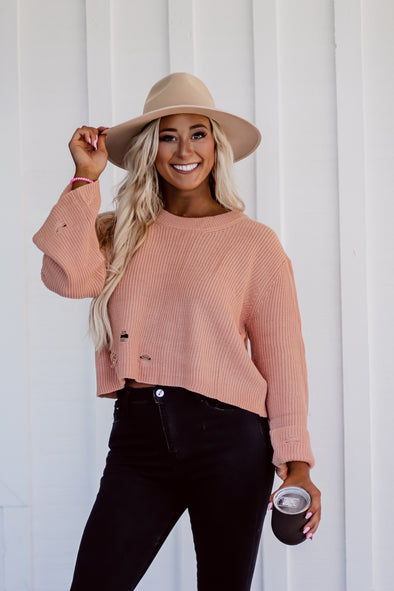 CLEARANCE STOREFRONT Peach Wide Sleeve Distressed Sweater Top