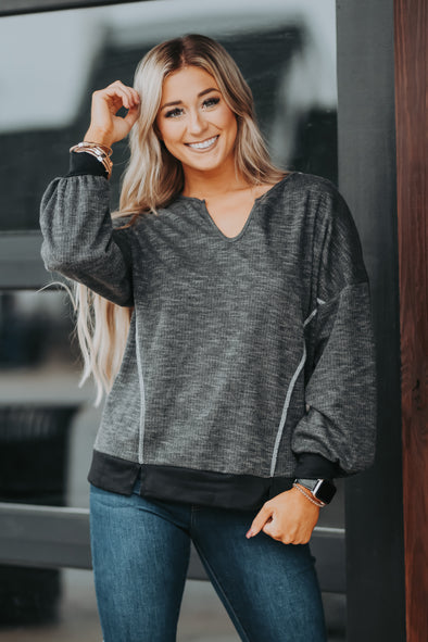 Black Textured Contrast Stitch Top in Regular & Curvy