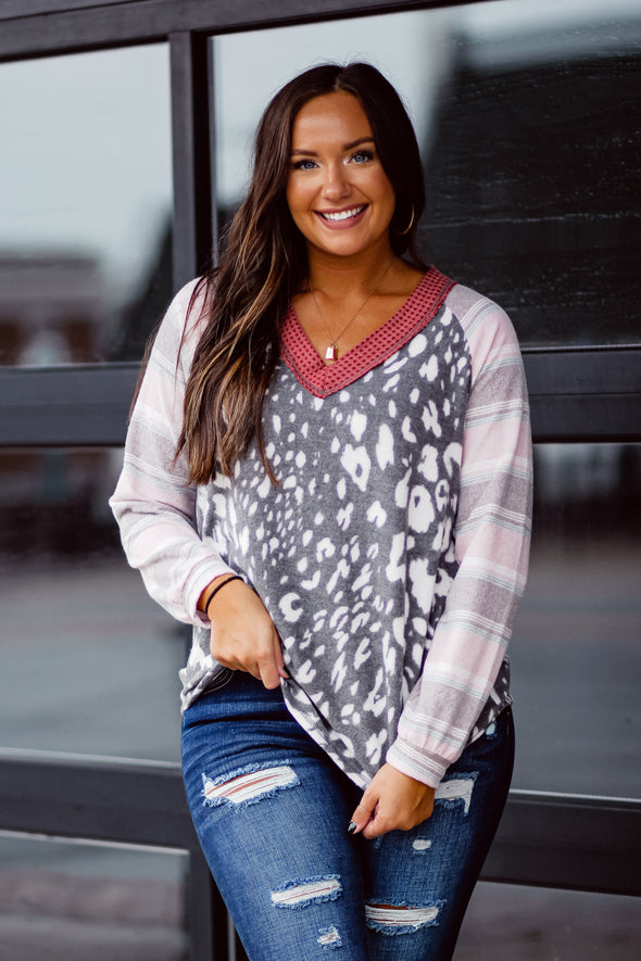 Charcoal Leopard & Stripe Contrast Top