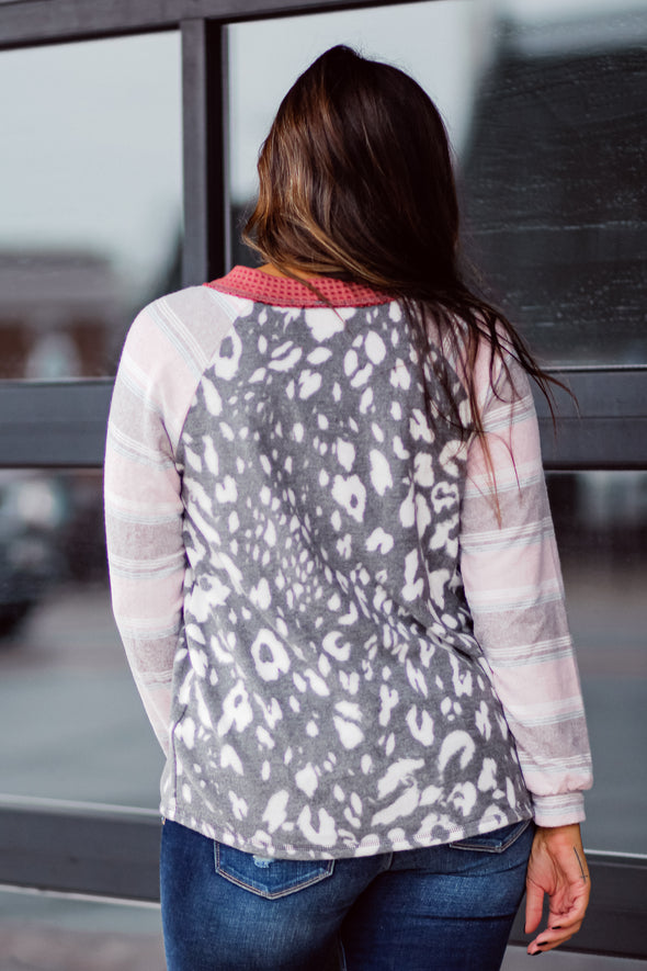 Charcoal Leopard & Stripe Contrast Top