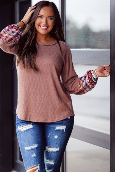 Mocha & Aztec Print Balloon Sleeve Top