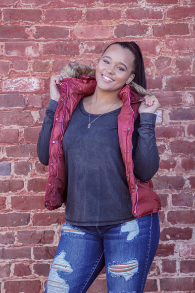 Wine Puffer Vest with Faux Fur Hood