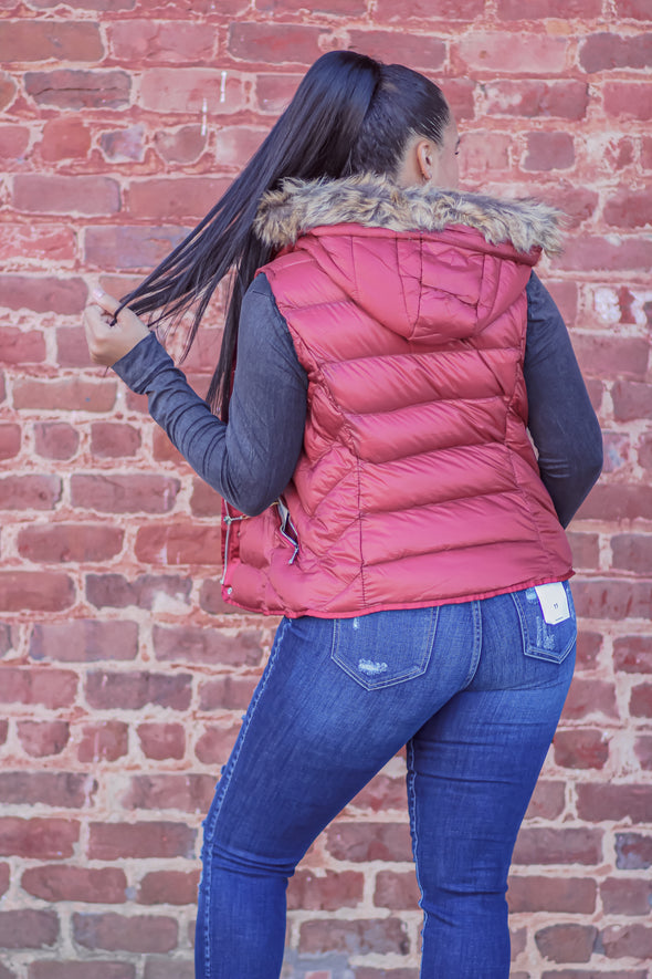 Wine Puffer Vest with Faux Fur Hood