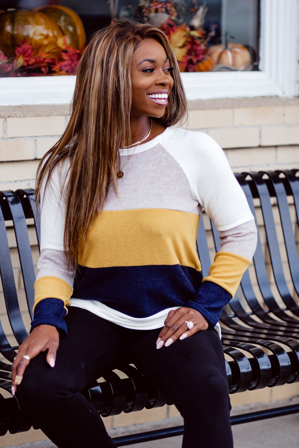 Mustard and Navy Brushed Color Block Top