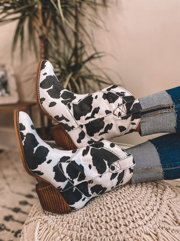 Black Cow Print Ankle Booties