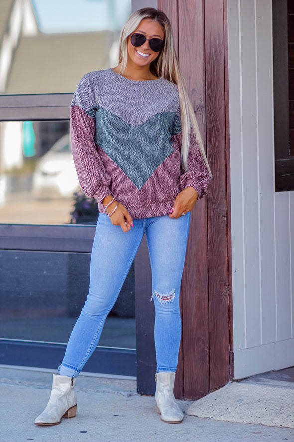 Charcoal & Wine Cashmere Knit Pullover Top in Regular & Curvy