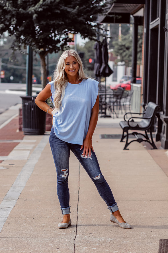 Sky Blue Ribbed Ruffle Sleeve Blouse