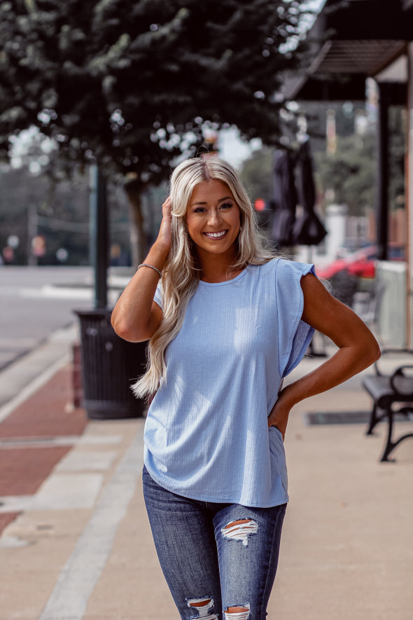 Sky Blue Ribbed Ruffle Sleeve Blouse