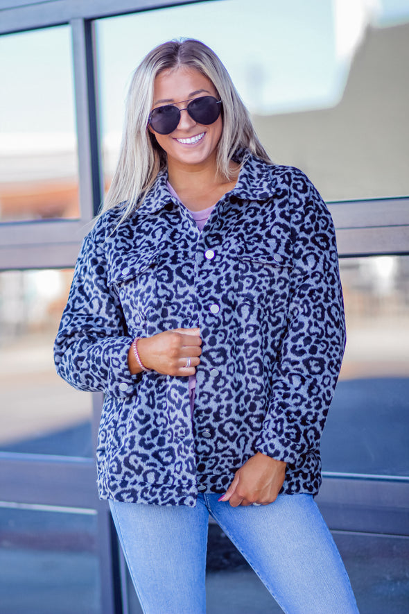 Charcoal Leopard Wool Textured Jacket