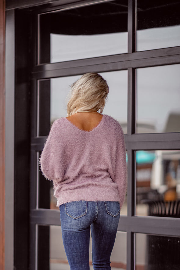 Long Sleeve Fuzzy Knit Sweater in Mauve