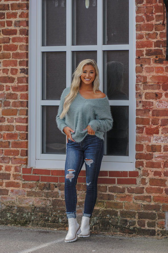 Long Sleeve Fuzzy Knit Sweater in Teal