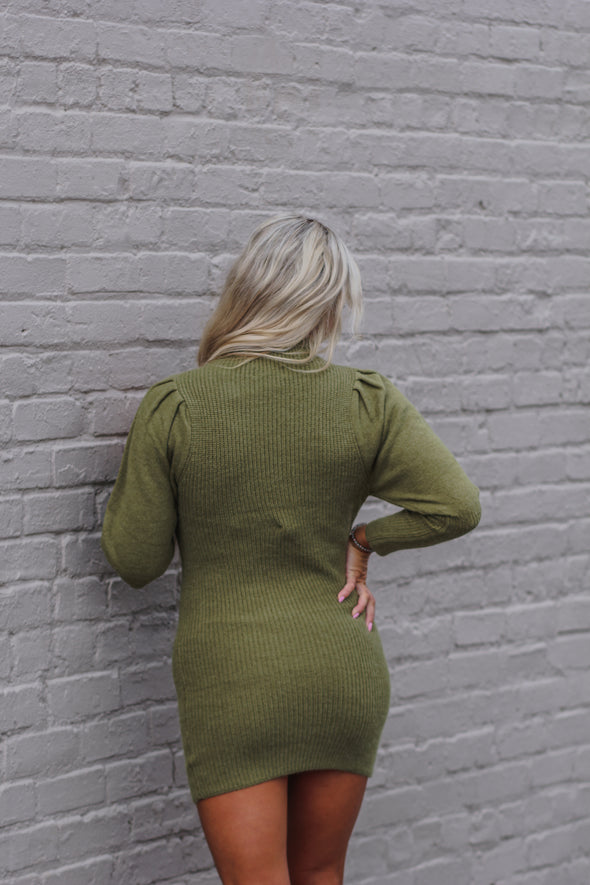 Olive Mutton Sleeve High Neck Sweater Dress