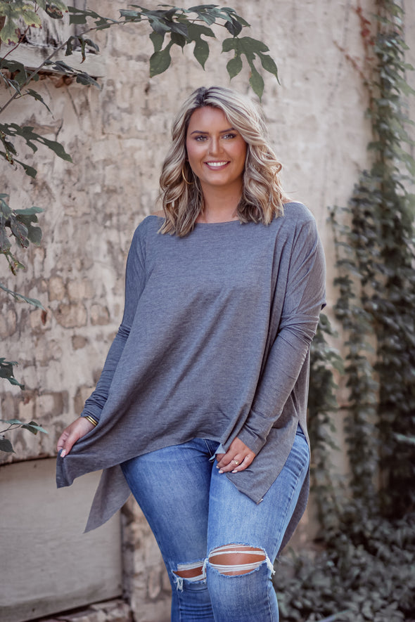 Charcoal Boat Neck Asymmetrical Long Sleeve Top In Regular & Curvy