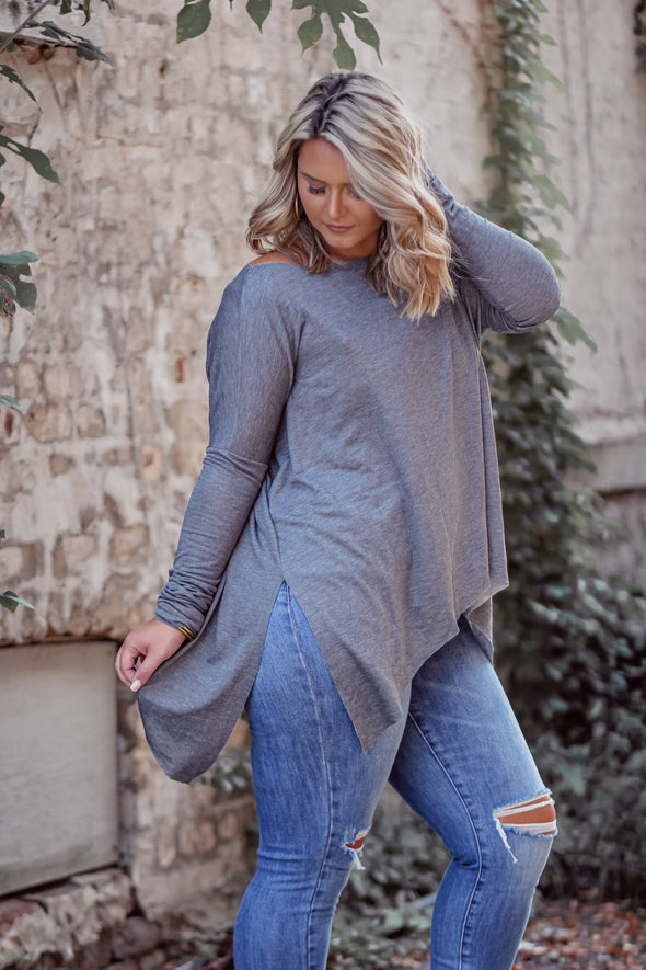 Charcoal Boat Neck Asymmetrical Long Sleeve Top In Regular & Curvy