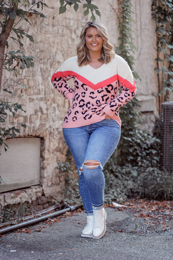 STOREFRONT Pink Leopard Color Block V Neck Sweater