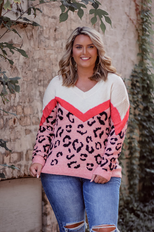 STOREFRONT Pink Leopard Color Block V Neck Sweater