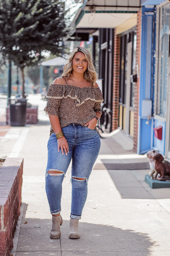 Leopard Woven Lace Trim Blouse