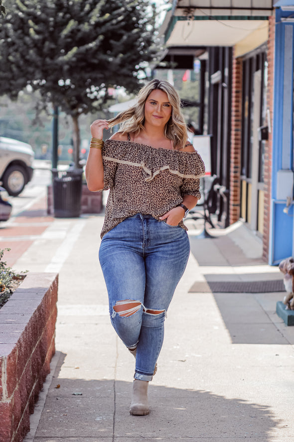 Leopard Woven Lace Trim Blouse