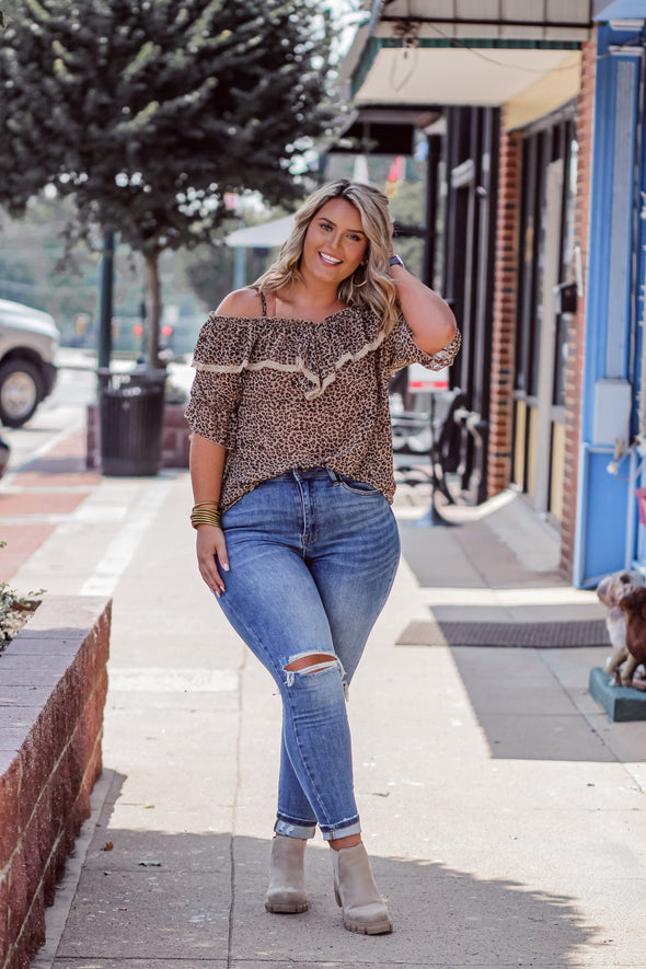 Leopard Woven Lace Trim Blouse