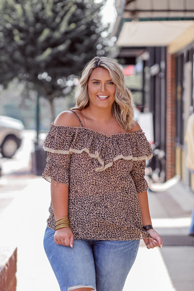 Leopard Woven Lace Trim Blouse