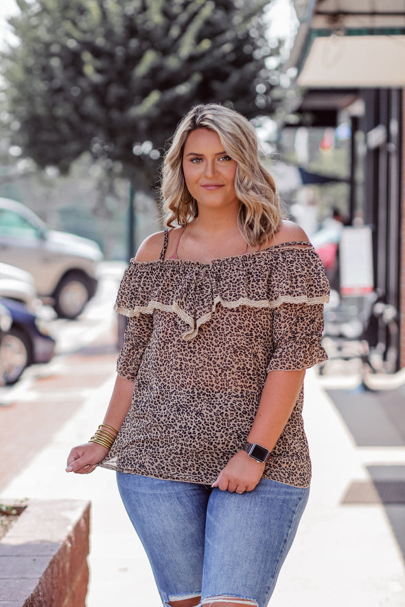 Leopard Woven Lace Trim Blouse