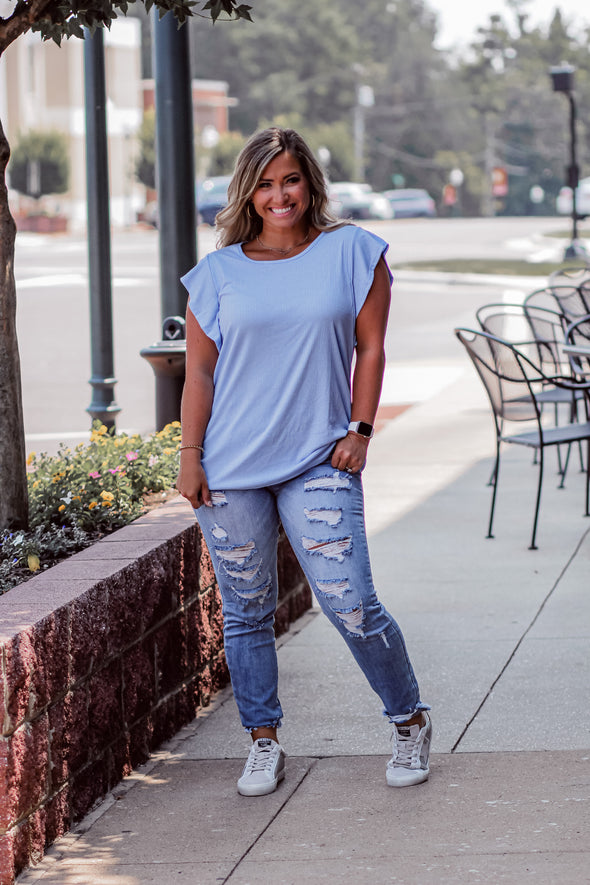 Sky Blue Ribbed Ruffle Sleeve Blouse