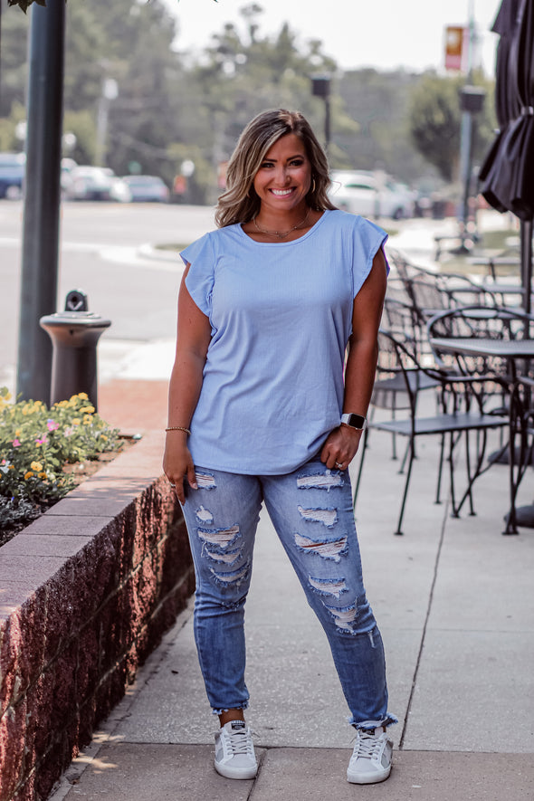 Sky Blue Ribbed Ruffle Sleeve Blouse