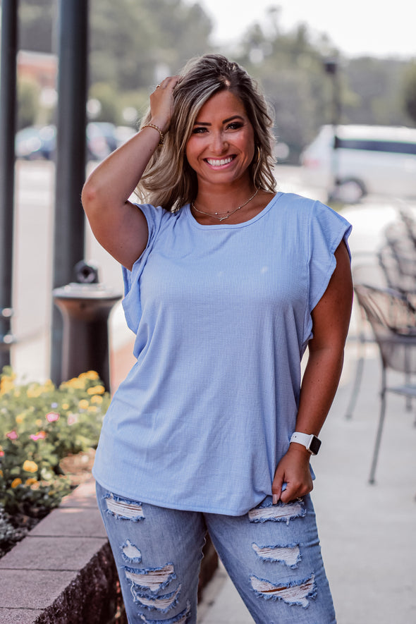 Sky Blue Ribbed Ruffle Sleeve Blouse