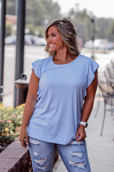 Sky Blue Ribbed Ruffle Sleeve Blouse