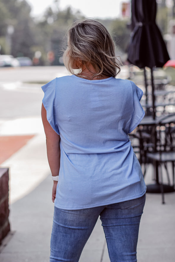 Sky Blue Ribbed Ruffle Sleeve Blouse