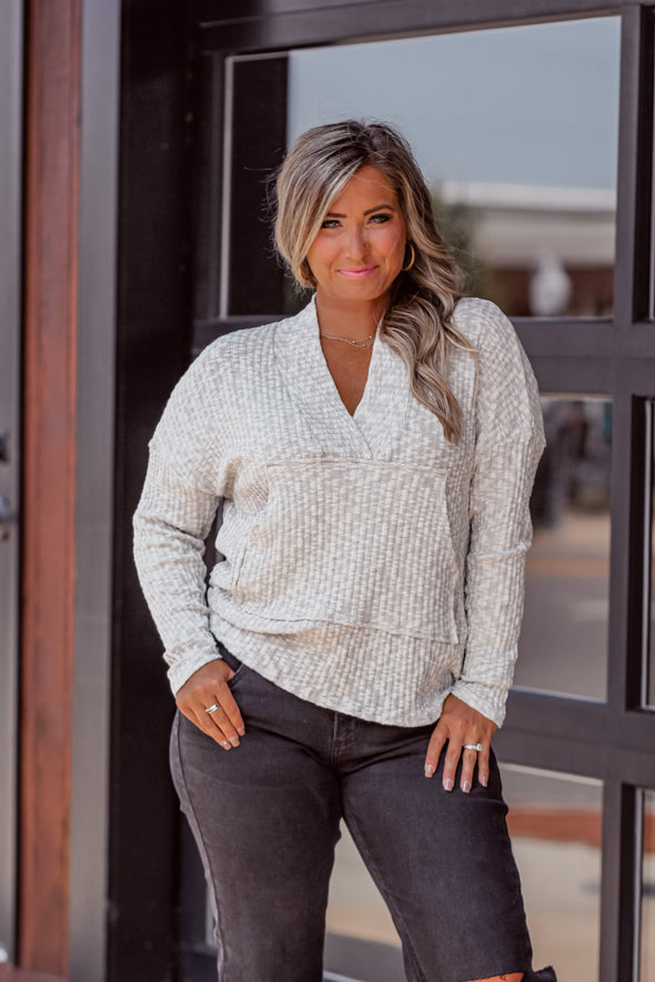 Heather Grey Front Pocket V Neck Sweater Top