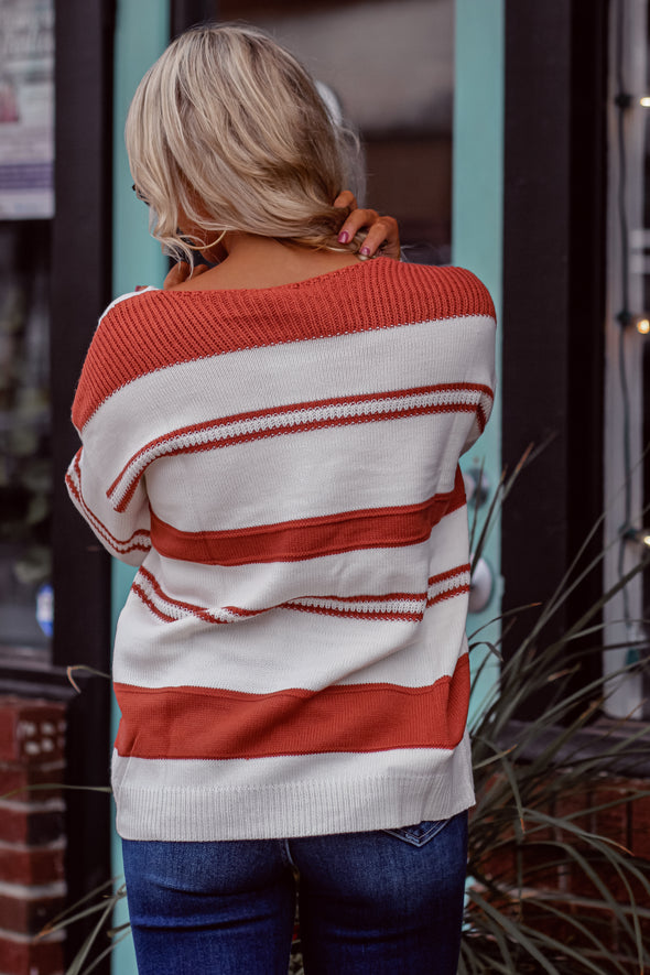 Rust & Ivory Stripe Balloon Sleeve Sweater