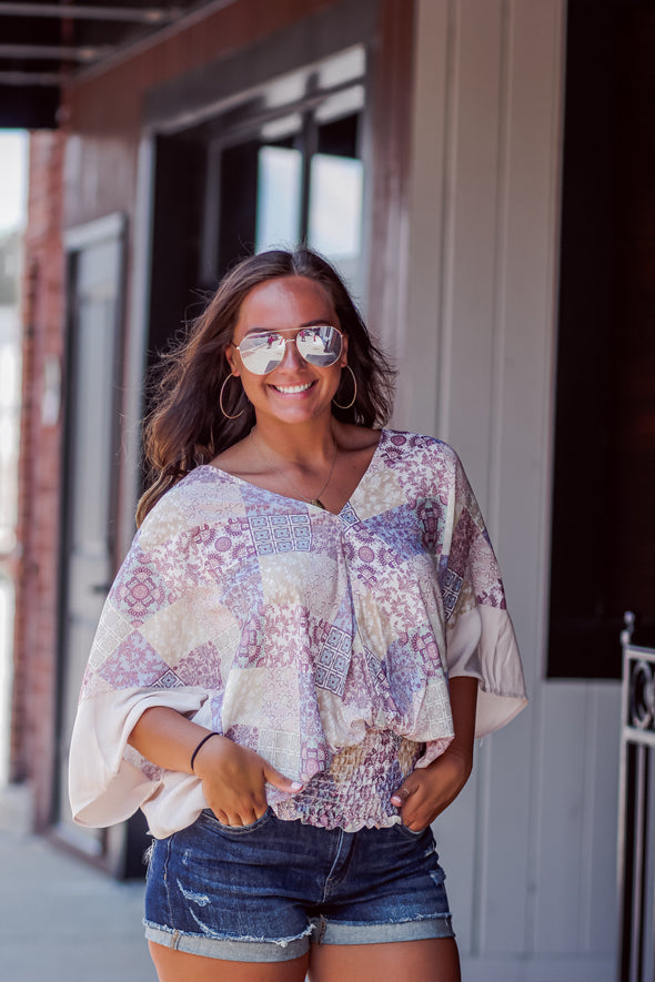 Multi Print Smocked Kimono Top