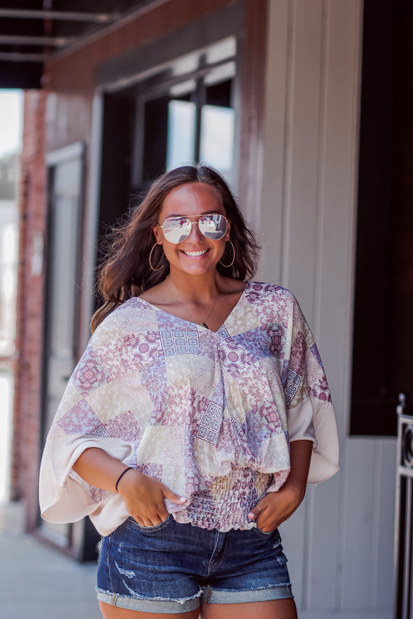 Multi Print Smocked Kimono Top