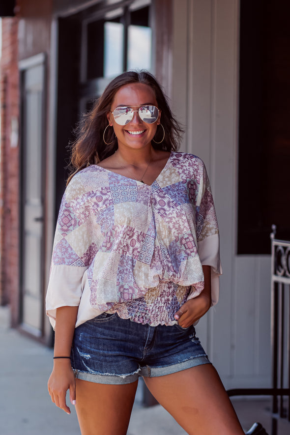 Multi Print Smocked Kimono Top