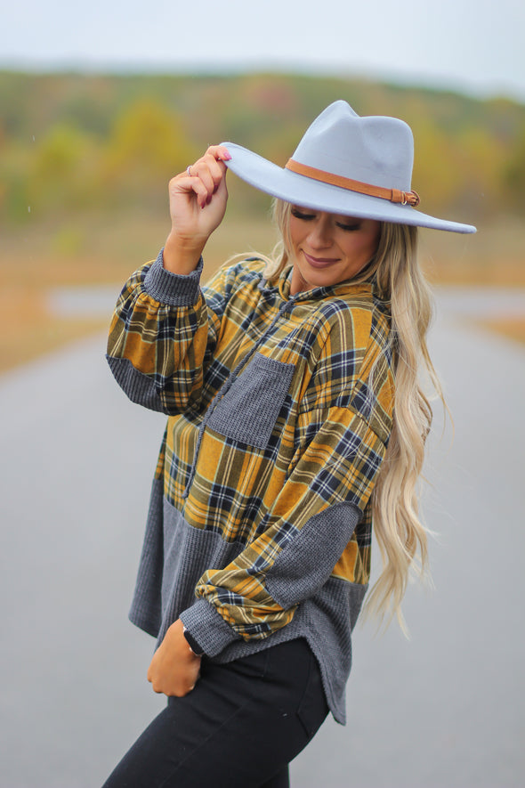 Mustard & Charcoal Plaid Contrast Hooded Top