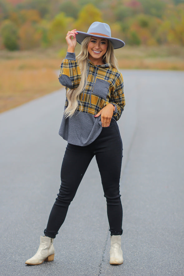 Mustard & Charcoal Plaid Contrast Hooded Top