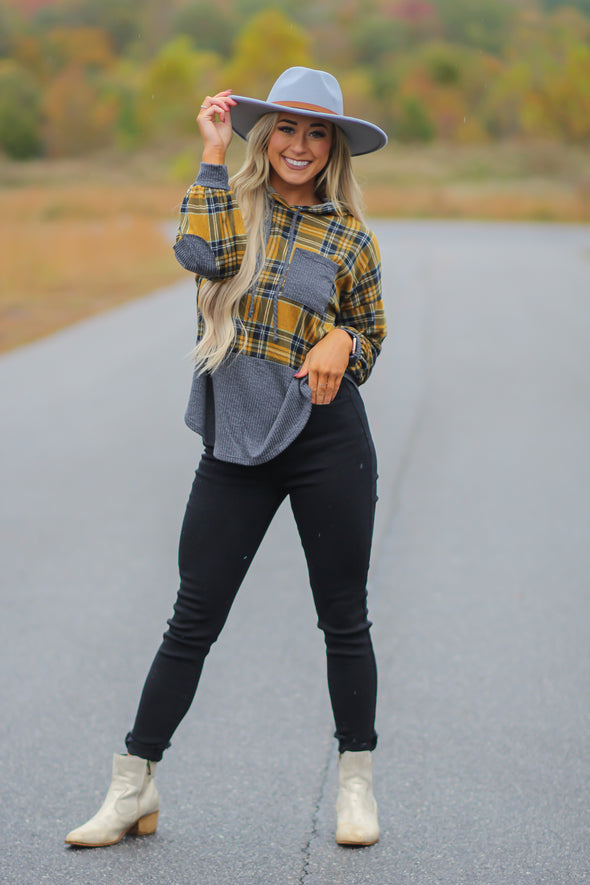 Mustard & Charcoal Plaid Contrast Hooded Top