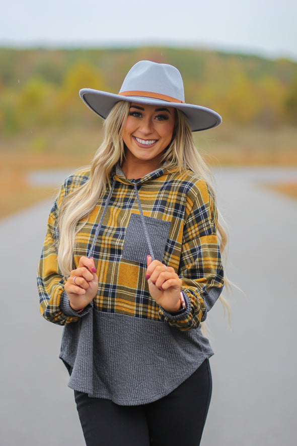 Mustard & Charcoal Plaid Contrast Hooded Top